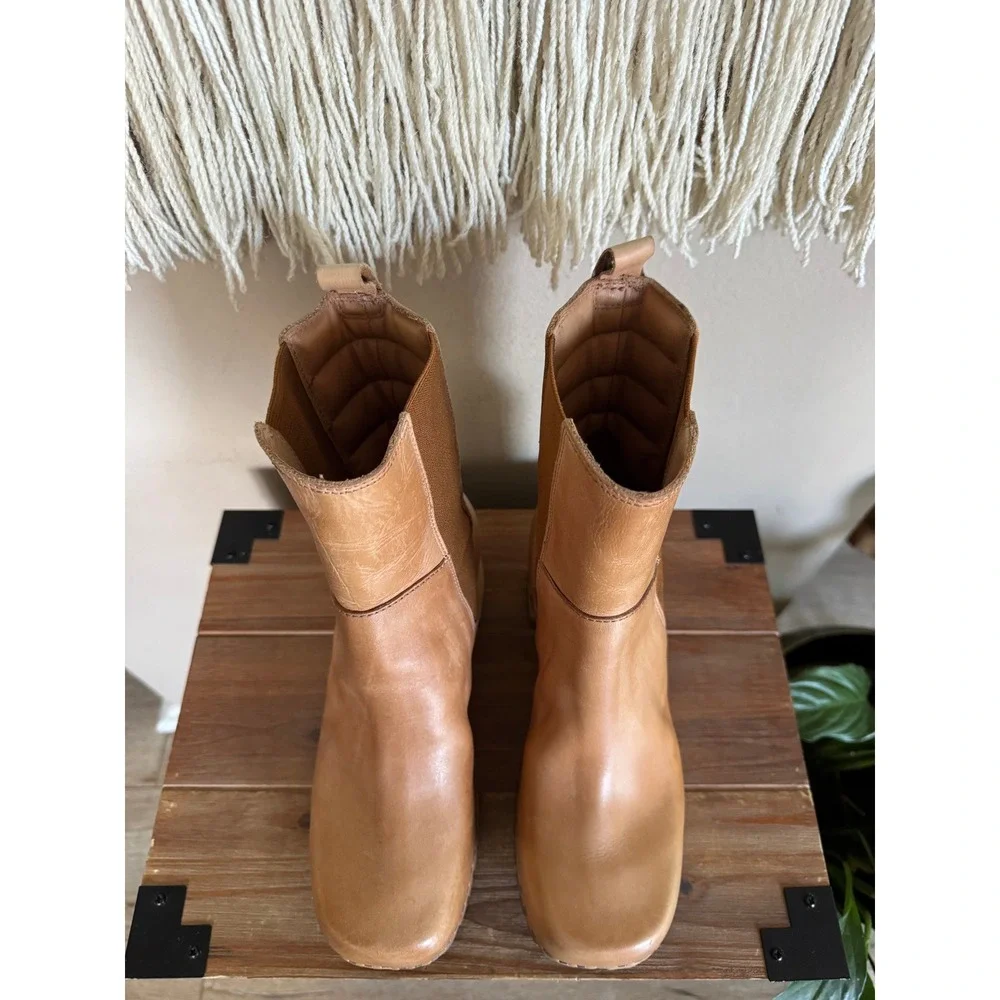 Free People MIA Justina Tan Leather Platform Block Heel Lug Sole Clog Boots Sz 9